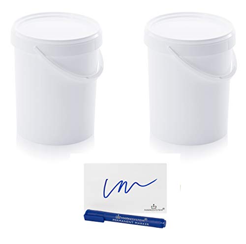 MARKESYSTEM Cubo HERMÉTICO Catering Pack 2 x 15,9 litros - Cubos de Plástico con Tapa - Contenedores Apilables - Envasar Alimentos, Líquidos y Pinturas - Polipropileno Blanco + Kit Etiquetado