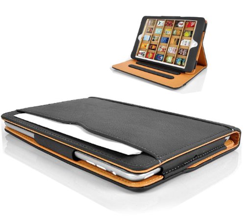 MAU - Funda tipo libro para iPad Mini (función atril, dispone de tarjetero, entra en modo suspensión al cerrar la tapa, incluye protector de pantalla), color negro y marrón