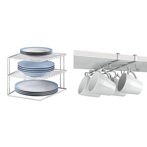 Metaltex Rinconera, Plata, Blanco, 3 Alturas + Space Line Estante apilable de Cocina, 45x19x18 cm, Blanco