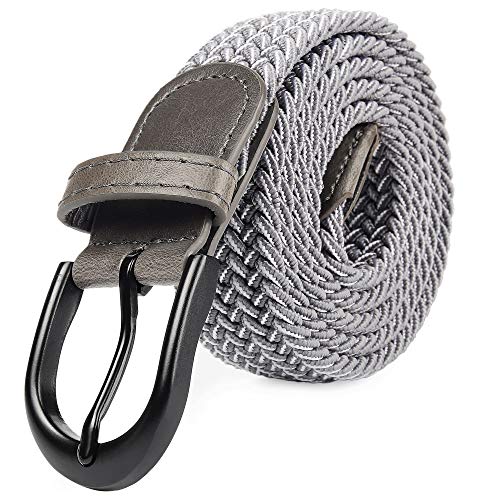 Mile High Life Cinturón Elástico Trenzado con Bordado Extensible, Hebilla Metálica Negra Ovalada y Terminaciones en Cuero para Hombre/Mujer/Niños (Plata, X-Pequeño 61cm-66cm (81cm de longitud))