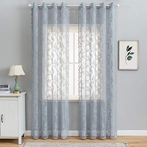 MIULEE 2 Hojas Cortinas Salon Lace Visillos Cortina de Encaje Floral Cortinas Translúcidas Florales de Habitacion Dormitorio Tul con 8 Anillas Rómanticas para Ventana Balcon Salón 150x260cm Gris