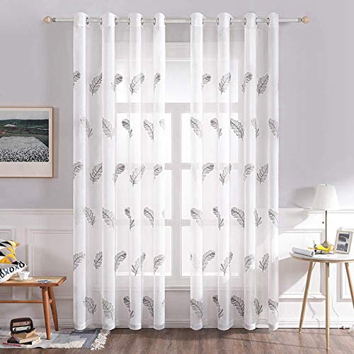 MIULEE 2 Unidades Cortinas Bordado Translucida de Dormitorio Moderno Ventana Visillos Rayas Salon Paneles con Ojales Plateados para Sala Cuarto Comedor Salon Cocina Habitación 140x225cm Pluma Gris