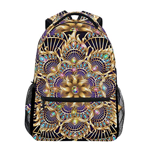 Mochila Escolar Adorno Circular Dorado Y Piedras Preciosas Mochila Elegante Regalo Escuela Liviana Bolso De Hombro Único Duradero Impreso Estudiante Universitario Bolsa De Viaje I