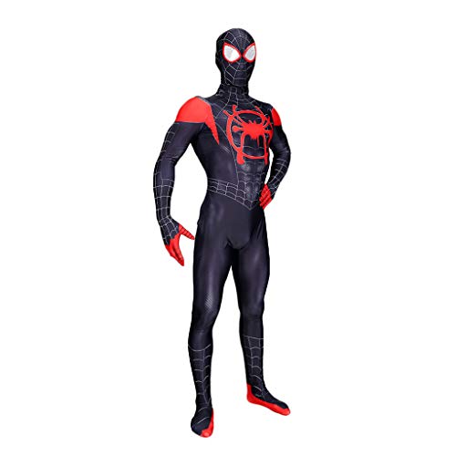 Moda Miles Morales en Spider Verse Cosplay Disfraz Spiderman Spider-Man Medias Traje de cuerpo de traje con máscara extraíble Conjunto para Halloween, Navidad, Fiesta,Spiderman Black- 175～180cm