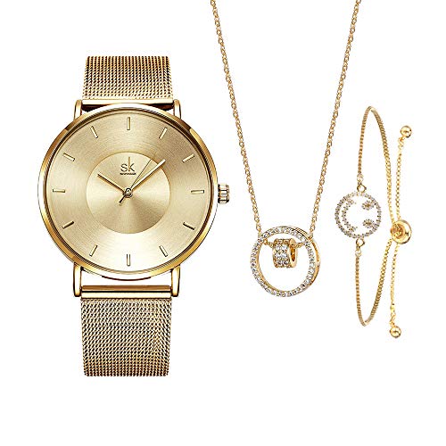 Mujer Relojes Conjunto para Mujeres Regalos para Mujeres Madres Esposa Reloj Pulsera Collar Brazalete Cuarzo Relojes de Pulsera (0059-GD SL008 DZ004)