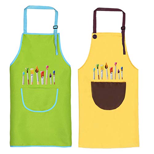 O-Kinee Delantal Infantil, 2 Piezas Niños Delantales con Bolsillo, Niños Artista Delantales, Ajustable Infantil Delantal para Pintura Artística Cocinar Hornear, Verde y Amarillo (8-12 Años)