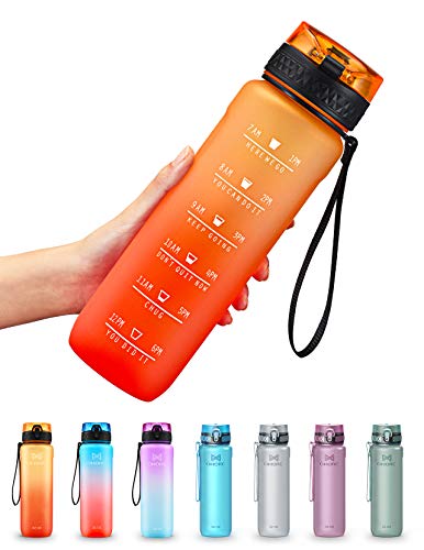 OMORC Botella Agua Deporte, Botella Agua Gimnasio, Botella Plastica Tritan Reutilizable Filtro 900ml, Cepillo de Limpieza&Marcador de Tiempo, sin BPA