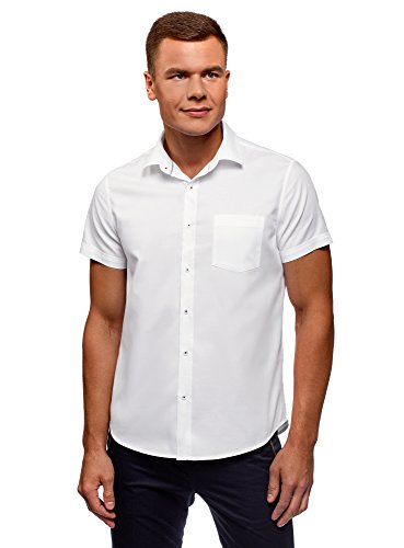 oodji Ultra Hombre Camisa Básica de Manga Corta, Blanco, 41