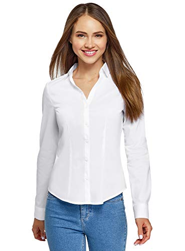 oodji Ultra Mujer Camisa Básica con Escote en V, Blanco, ES 42 / L