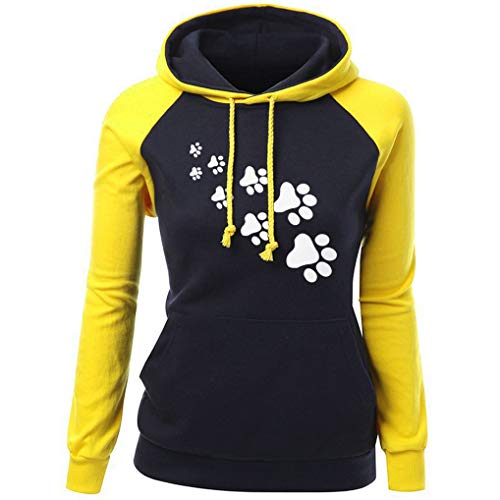 OverDose Sudadera Para Mujer Patchwork con Capucha Moda Linda Casual Ropa De Abrigo Suelta Abrigo De Manga Larga Huellas De Perro Ropa De Fiesta Impresa