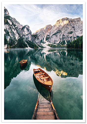 Panorama Póster con Paspartú Lago Braies Italia 70 x 50 cm - Impreso en Papel 250gr con Paspartú - Cuadros Paisajes - Cuadros Zen - Póster Naturaleza - Cuadros Decoración Salón