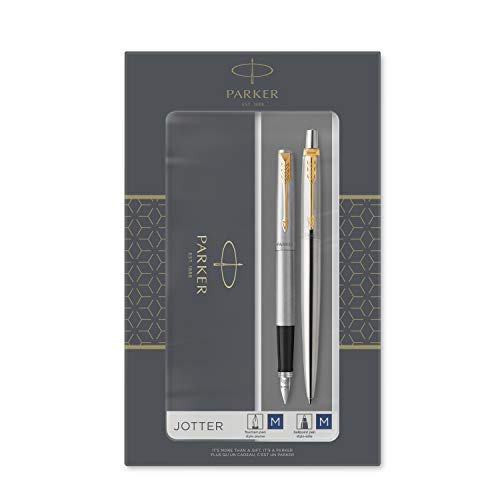 Parker Jotter set de regalo doble con bolígrafo y pluma estilográfica, acero inoxidable con adorno dorado, cartuchos y recambio de tinta azul, estuche de regalo