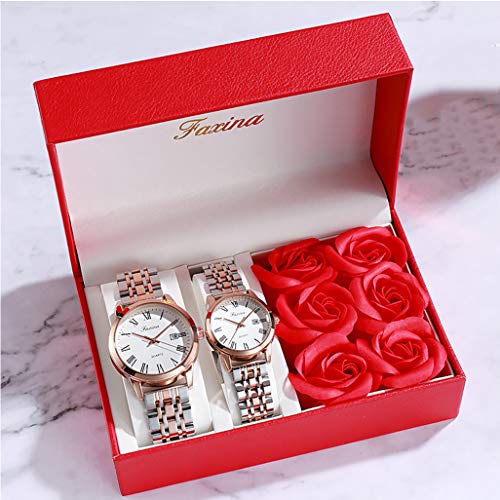 PIANAI Un par de Reloj Femenino Simple Reloj Masculino/Juego de Regalo/Reloj de los Amantes/cinturón de Acero Impermeable Reloj de Cuarzo con Doble Calendario,A