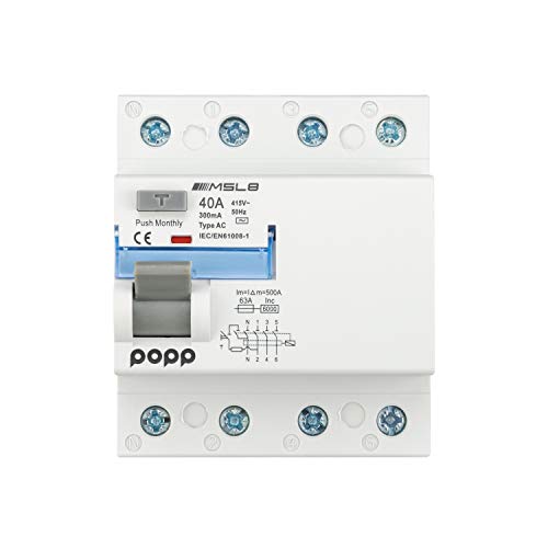 POPP® Electric Interruptor diferencial industrial TIPO AC 2 Polo 4 Polo 30mA 300mA SERIE MSL8 (40A 300mA, 3P+N)