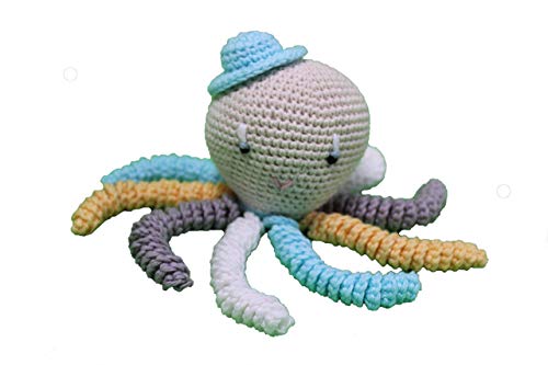 Pulpo amigurumi para recién nacido en color aguamarina, blanco gris y amarillo. Pulpo de ganchillo - crochet para bebé, ideal como regalo de nacimiento.