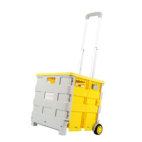 QIANGDA-Carros Carrito Compra Plegable Manija Ajustable Carro De Servicio Público De Lavandería Viaje Facil con Tapa Capacidad 54L, Amarillo + Gris