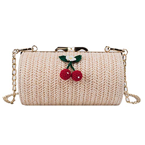 Qinlee - Bolso de mano de paja para mujer, estilo boho, con cereza, de ratán, hecho a mano, para niñas, color rosa, Beige