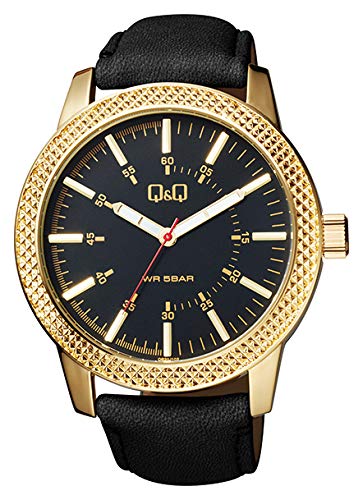 Q&Q Reloj de pulsera para hombre, analógico, piel sintética, cuarzo, color negro y dorado