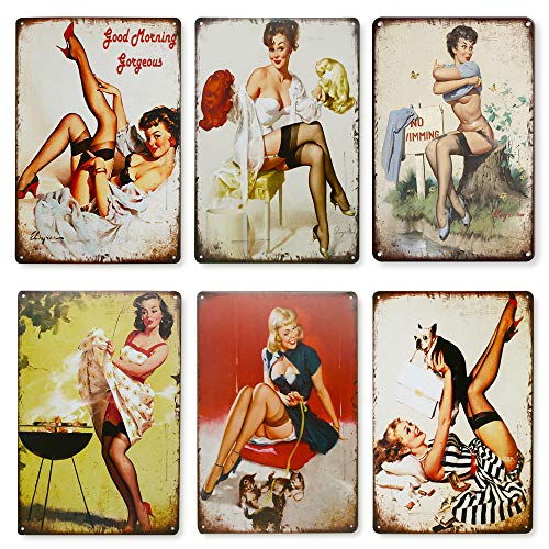 Qumeney – Juego de 6 placas de pared vintage de metal, diseño de pinup Girl Black Bas Tentation Pattern Wall Decor Art Tin Sign para café, bar, pub, cerveza (30 x 20 cm)