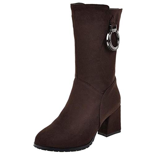 RAZAMAZA Mujer Moda Zapatos Tacón Alto Media Pierna Botas Cremallera Tacón Ancho Botas Media Vestido Otoño Brown Size 31 Asian