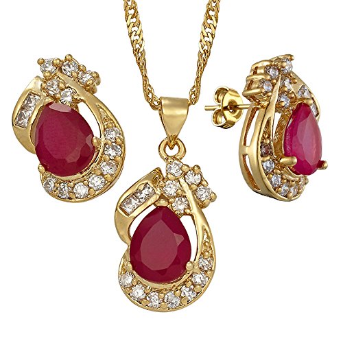 Rizilia LÁGRIMA Conjunto de Joyas Colgante con 45cm(18") Cadena & Stud Pendientes Corte de Pera Piedras Preciosas Circonita CZ [Rubí Rojo] en 18K Chapado en Oro Amarillo, Elegancia Moderna Sencillo