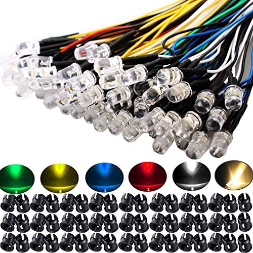 RUNCCI-YUN 60Pcs 5mm Luces LED de Diodo 12V DC Pre Wired LED Diodos Emisores de Luz Lámpara, con Cables de 20cm + 60Pcs 5mm Plástico Soporte de LED Clip Montaje para DIY Coche Barco Juguetes Partes