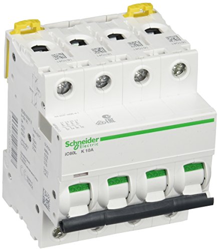 Schneider Electric A9F95410 IC60L Disyuntor, Acti9, Curvatura K, 4P, 85 mm Altura x 72 mm Anchura x 78.5 mm Profundidad, 10 A Corriente, 50/60 Hz, Blanco