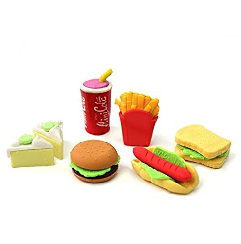 Set de gomas de borrar en 3D, 6 unidades, diseño de comida que incluye hamburguesa, cola, perrito caliente y sándwich