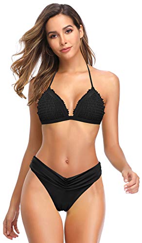 SHEKINI Mujer Bañador de Dos Piezas Elegante Halter Ajustable Pliegues Clásico Triángulo Shirring Bikini Top Traje de Baño Dos Piezas Cintura Baja Bikini Bottoms (Negro, S)