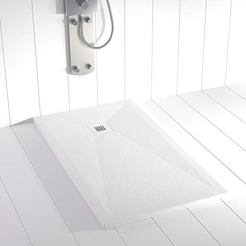 Shower Online Plato de ducha Resina PLES - 80x210 - Textura Pizarra - Antideslizante - Todas las medidas disponibles - Incluye Rejilla Color y Sifón - Blanco RAL 9003