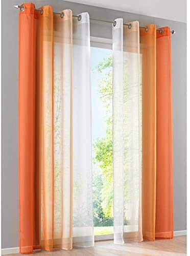 SIMPVALE Juegos de 2 Cortinas Gasa - degradados - Gasa Transparente Visillos - Ancho 140cm - Naranja con Blanco - Altura 175cm