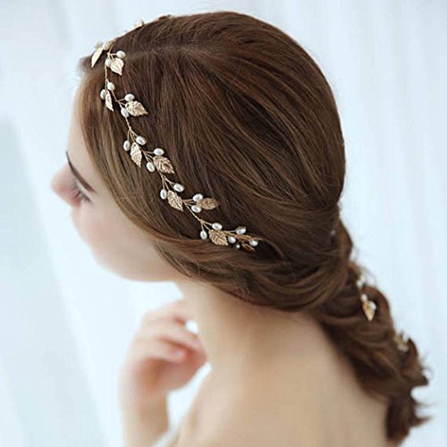 Simsly Diadema para novia con hojas doradas y cuentas para novias y damas de honor (dorado) FS-20