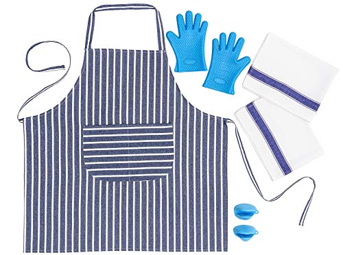 SMARTZ® Delantal de Cocina Ajustables con 2 Bolsillos- 2 Paños de Cocina (100% Algodón)- Guantes de Silicona Resistentes al Calor Antideslizantes de Cocina 1 par- Mini Manoplas y Tapete de Silicona