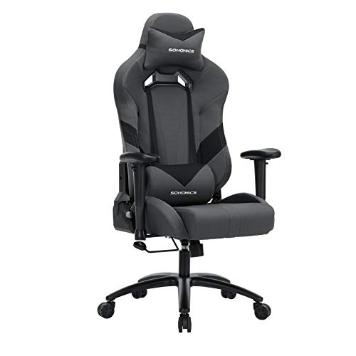 SONGMICS Racing Silla de Escritorio para Gamers, Silla de Oficina con reposacabezas y cojín Lumbar, Apoyabrazos Ajustables, Respaldo inclinar 150 Grados, Diseño de la ergonomía, Gris-Negro RCG13G