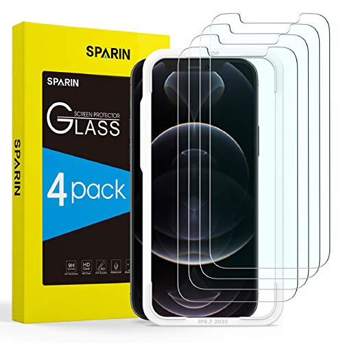 SPARIN Protector de Pantalla Compatible con iPhone 12 Pro Max, Cristal Templado con Marco de Alineación, 4 Piezas