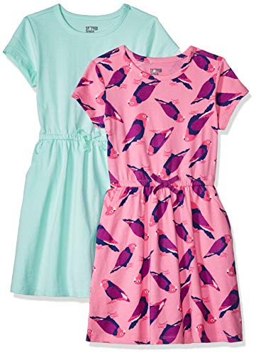 Spotted Zebra – Vestidos camiseta de manga corta de punto ajustados en la cintura para niña (2 unidades), Birds/Aqua, US 2T (EU 92-98)