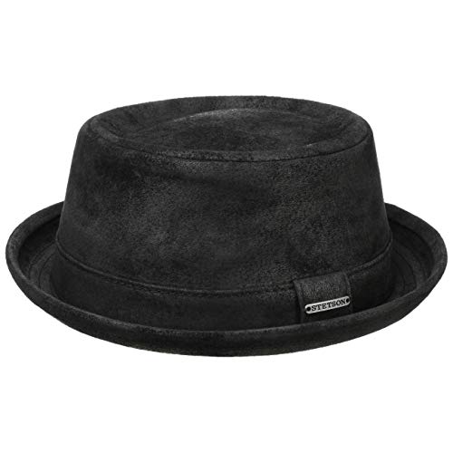 Stetson Pennsylvania Pigskin Porkpie Sombrero de Cuero de Hombre - Sombrero de Cuero de porcino - Pork Pie con Forro - Fedora en Look Desgastado Verano/Invierno Negro L (58-59 cm)