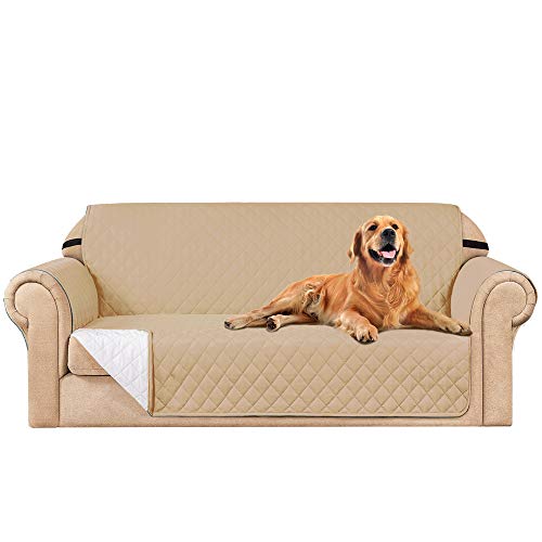 subrtex Funda de sofá Reversible Acolchada para 1,2,3 plazas Funda de Silla Antideslizante para Mascotas y niños con Correas Elásticas Protector de Muebles (2 Plazas, Beige)