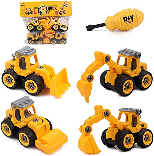 Tacobear 4 Piezas Vehículo de Construcción Juguete Excavadora Montar y Desmontar Juguetes con Destornillador Coches de Friccion Camión de Juguete Cumpleaño Regalos para Niños Niñas (Amarillo)