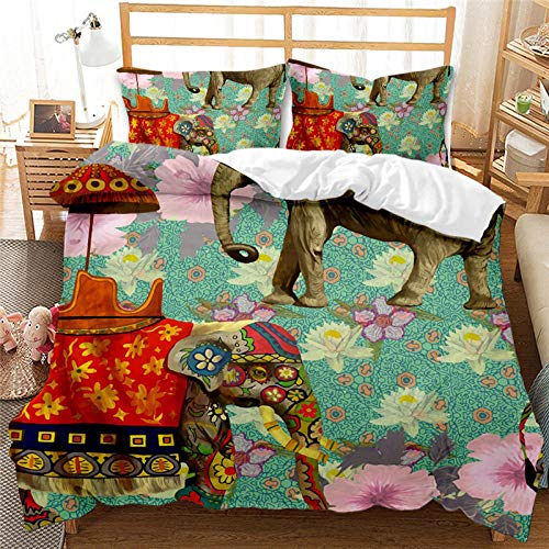 Tanboank Juego de Ropa de Cama 3 Piezas 3D Funda de edredón 135x200cm y 2 Funda de Almohada Elefante Loto Zen Suave y Cálido Microfibra Poliéster con Cremallera Lavable a Máquina Anti desvanecimiento