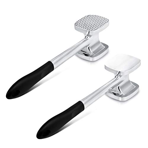 TIMESETL 28cm Martillo ablandador de carne de aluminio resistente de doble cara 140 Pincho y superficie plana Carne de pollo Pounder Mallet Kitchen Tool - Mango negro