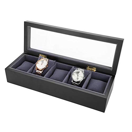 TMISHION Caja de Reloj, 5 Rejillas Estufado Barniz Caja de Almacenamiento de la Caja de exhibición del Reloj Reloj de la joyería Pulsera Pantalla de visualización Caja de la Tapa de Cristal(Negro)