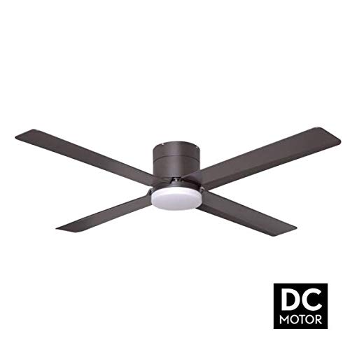 TODOLAMPARA - Ventilador de techo con luz LED 18W motor DC modelo KONA Marrón, luz natural, 4 aspas color plata, 6 velocidades, control remoto, modo invierno-verano, silencioso y bajo consumo