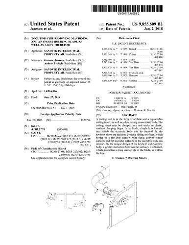 Tool for chip removing machining and an insert-holding blade as well as a key therefor: United States Patent 9855609 (English Edition)
