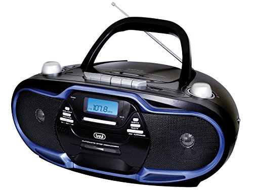 Trevi CMP 574 USB – Boombox microcadena portátil con radio AM / FM, reproducción de CD, MP3, USB, cassette y salida para auriculares. - Color negro y detalles en azul
