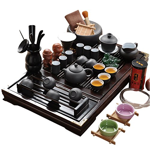 ufengke Juego De Té De Zisha Chino, Gran Conjunto Exquisito Cerámico Juego De Té Kung Fu Juego De Té con Bandeja De Té De Madera, para Regalo, La Familia Y La Oficina- Blanco por Dentro