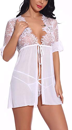 UMIPUBO Conjunto de Lencería para Mujer Ropa de Dormir Pestaña Babydoll Frente Abierto Camisón de Encaje Floral Chaquetas Vestidos Malla Transparente Malla de Encaje