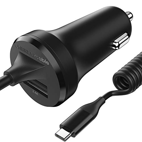 UNBREAKcable Cargador USB-C para Coche - Puerto USB Extra Adaptador para Cargador de Coche Cable de Carga Incorporado Tipo C para Samsung S10 S10e S9 S8, Huawei P30 P20, Google Pixel, tabletas