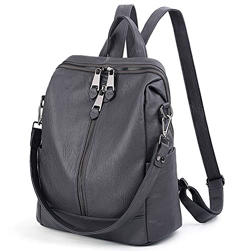 UTO Bolso Mochila de Mujer Bolsa de Hombro Cuero Sintético Convertible Cremallera Bolsillos Agujero para Auriculares Gris 2