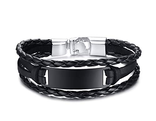 VNOX Personalizado Personalizar Acero Inoxidable Trenzado PU Cuero Chapado en Negro ID de Mensaje Etiqueta Envoltura Pulsera Brazalete para Hombres Mujeres,Grabado Gratis